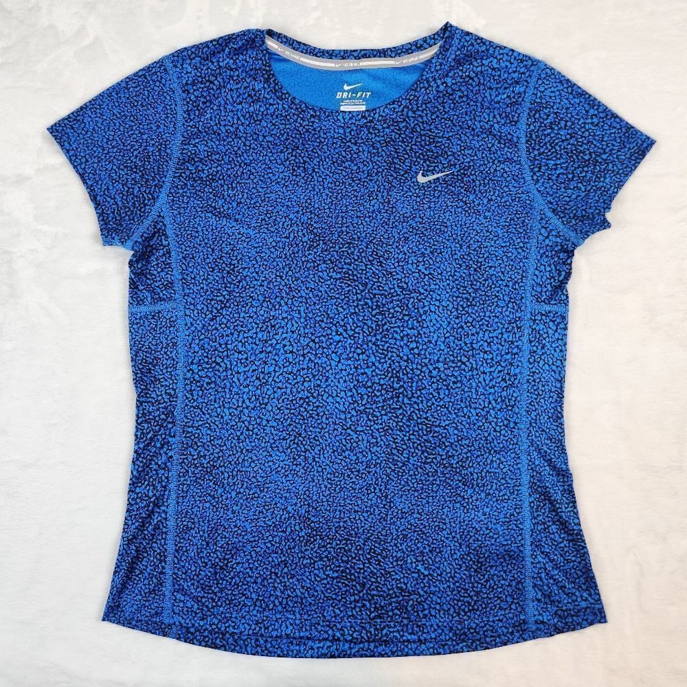 3/$25 Nike Dri-Fit Running Blue Leopard Print Short Sleeve Top Sz M